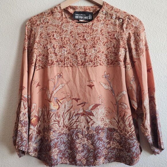 Vintage Carole Little Silk Shirt Womens Medium Peach Floral Bird Print Sheer 90s - Picture 1 of 10
